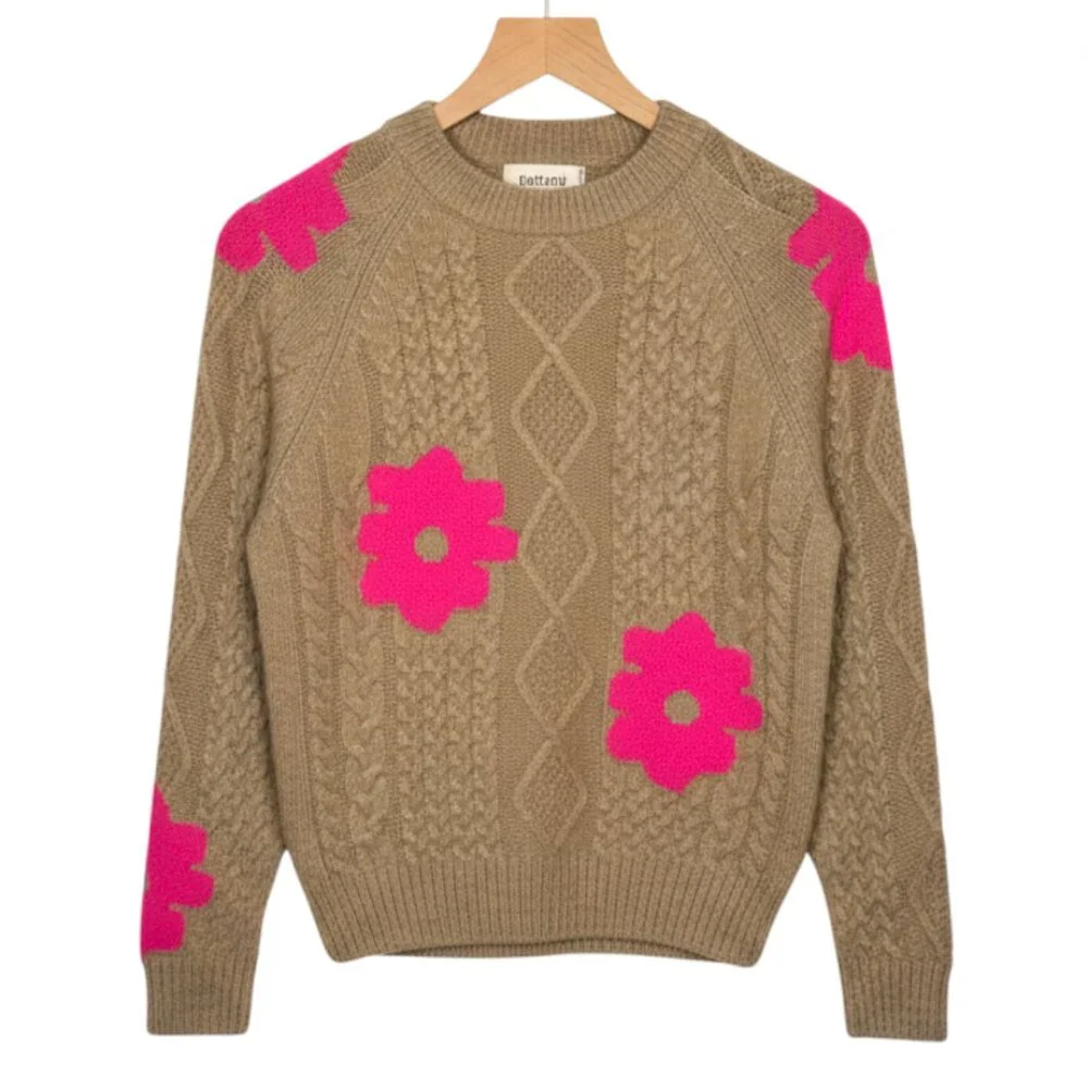 NWT Anthropologie Maeve Cable Knit Floral Sweater Tan Pink Flowers S Retail $128 - Picture 1 of 8